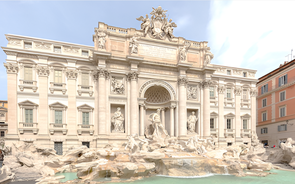 La Fontana de Trevi (Fuente de Trevi en español) es considerada una de las fuentes más populares y bellas de Roma. Se encuentra en la Piazza di Trevi, cerca del Quirinal y Plaza Venecia.
Tiene diseño de estilo barroco y está hecho de mármol de carrara y travertino. Su ancho es de 20 metros y su altura de 30 metros.