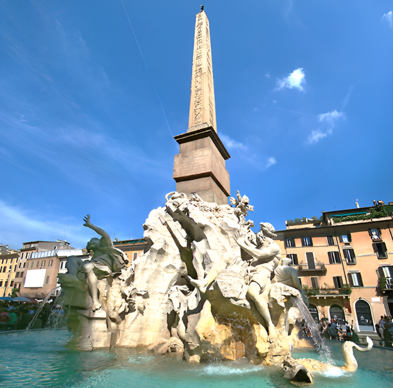 la Fuente de los Cuatro Ríos se encuentra en el centro de la Plaza Navona, en frente de la iglesia Santa Inés en Agonía. Fue fabricada por Gian Lorenzo Bernini en los años 1648 y 1651 por encargo del Papa Inocencio X.
Posee un estilo barroco y está hecho de mármol blanco y travertino.
La fuente da referencia a los cuatro ríos más grandes del mundo